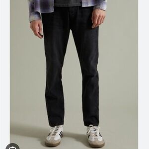 BDG Dad Slim Fit Black Jeans Black Distressed Fabric Fray on Left Leg